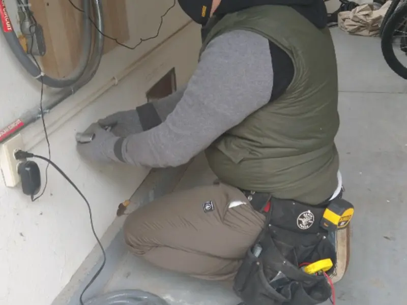 Electrician performing outlet wiring in a Bensley garage